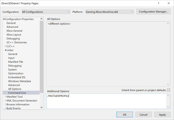 Screenshot that shows the /FASTGENPROFILE linker switch added to the Command Line property page