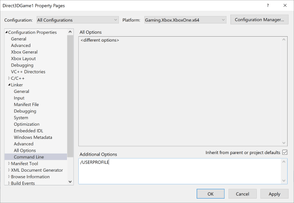 Screenshot that shows the /USEPROFILE linker switch added to the Command Line property page