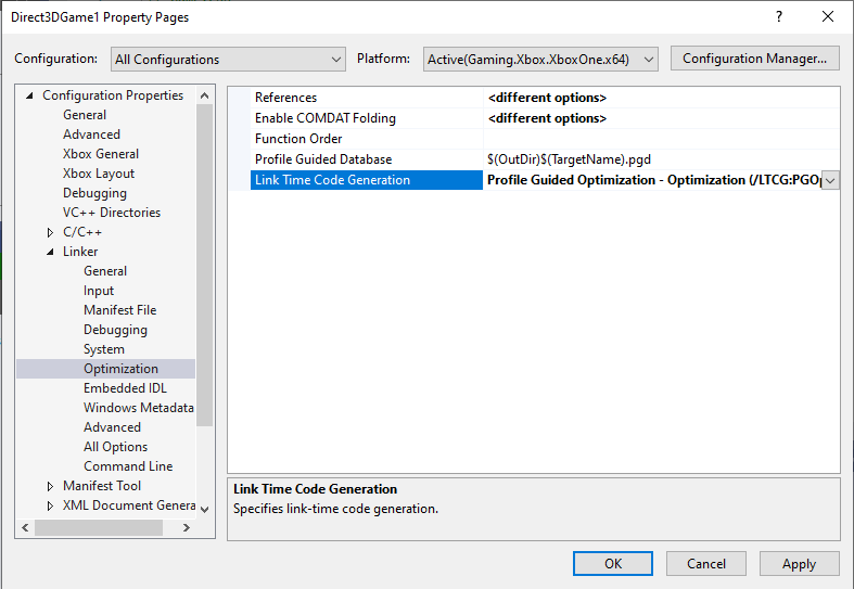 Screenshot that shows the location of the Link Time Code Generation property, set to create an optimized build