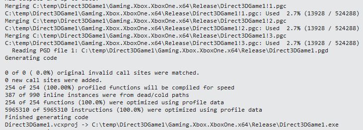 Screenshot that shows an excerpt of build output that includes PGO-related messages