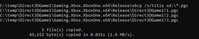 Screenshot that shows .pgc files being copied from the console to a build output directory