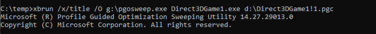 Screenshot that shows pgosweep.exe being run by using the command "xbrun /x/title /O g:\pgosweep.exe Direct3DGame1.exe d:\Direct3DGame1!1.pgc"