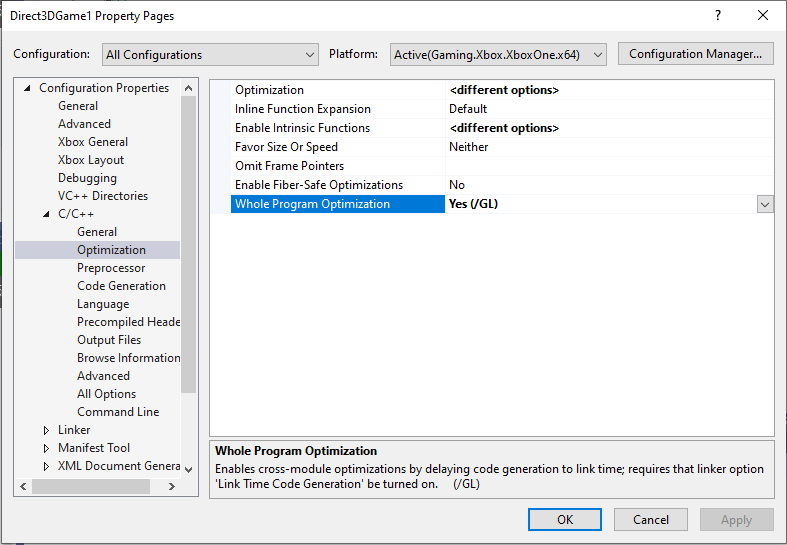 Screenshot that shows the location of the Whole Program Optimization property