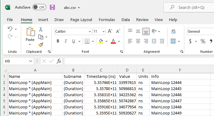 從 Metrics 檢視匯出之計量資料的 csv 檔案