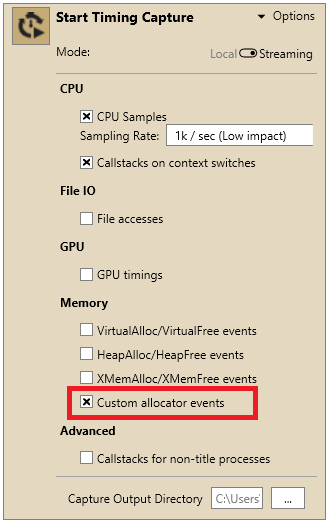 Custom Allocator events 核取方塊