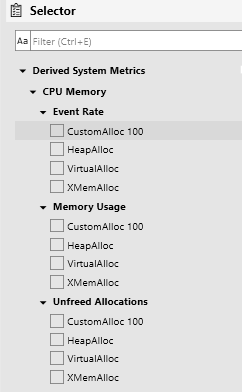 顯示 Selector 面板中計算出之 CPU 記憶體計數器的螢幕擷取畫面
