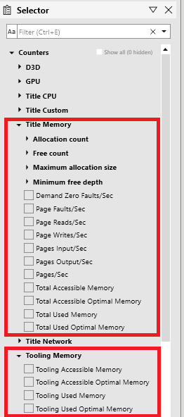 顯示 Metrics 檢視 Selector 面板中 System Monitor 記憶體計數器的螢幕擷取畫面
