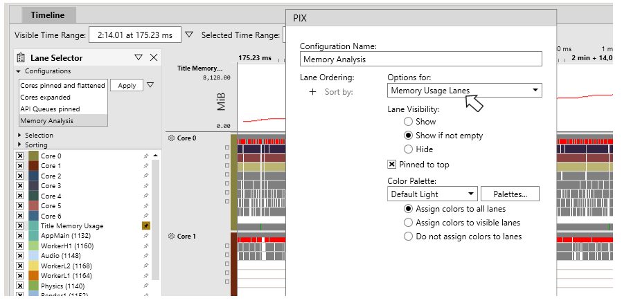 顯示在 Timeline 檢視上開啟的 Lane Configuration 面板及 Memory Usage Lanes 選項的螢幕擷取畫面