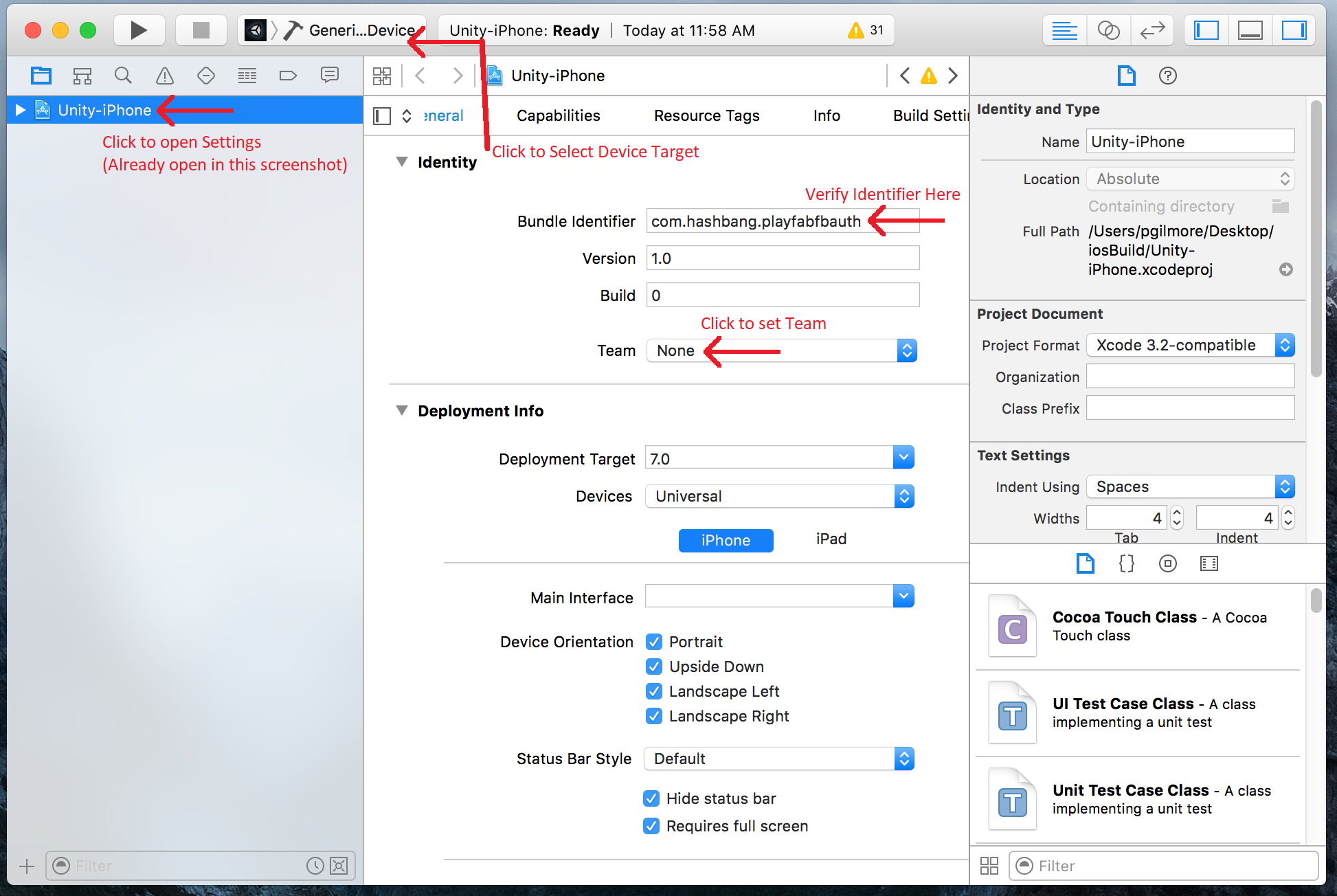 Paramètres du projet iOS : vérifier l'ID de bundle