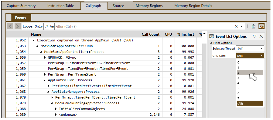 Le panneau Event List Options de la vue Callgraph
