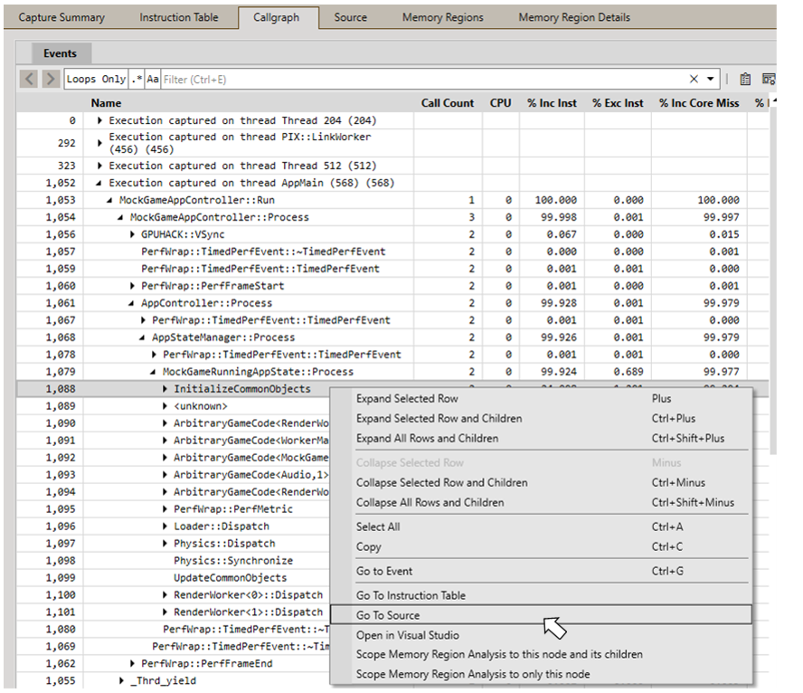 Menu contextuel de la vue Callgraph