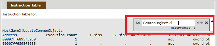 La zone de recherche de l'Instruction Table