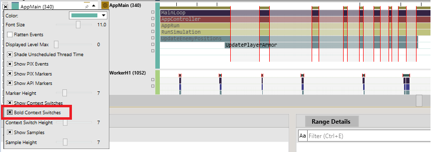 Capture d'écran montrant l'emplacement et l'effet de l'option Bold Context Switches