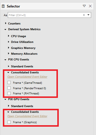 Selector 面板中的 Consolidated Events 節點