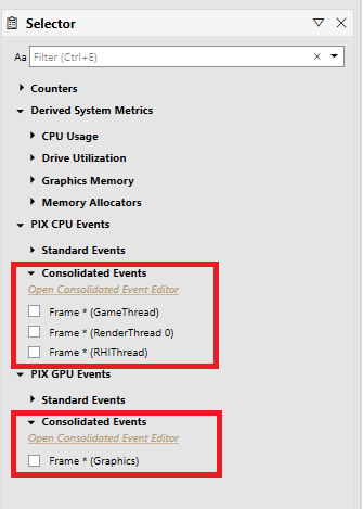 Selector 面板中的 Consolidated Events 節點