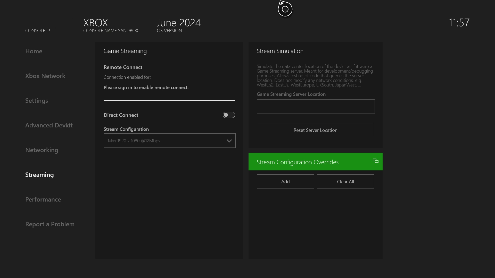 Captura de pantalla del panel de invalidación de configuración