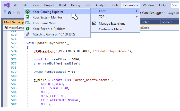 Visual Studio 2019 中的 XBOX Gaming Explorer