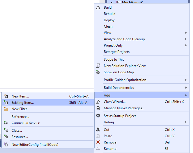 Screenshot that shows how to add a file to a project