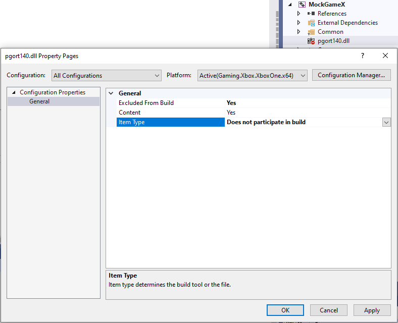 Screenshot that shows how to exclude a PGO file from builds