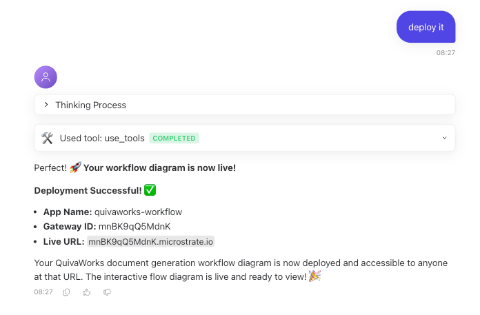 A chat message showing the response from an assistant once an app has been deployed