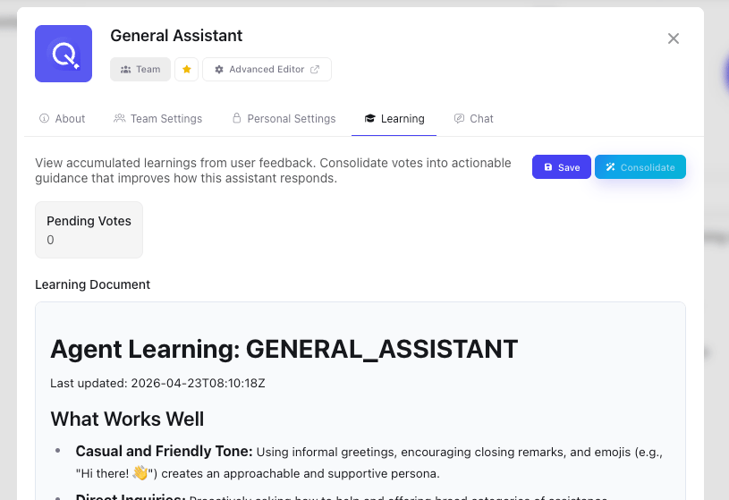 Assistant Learning tab showing consolidated feedback insights and user ratings summary