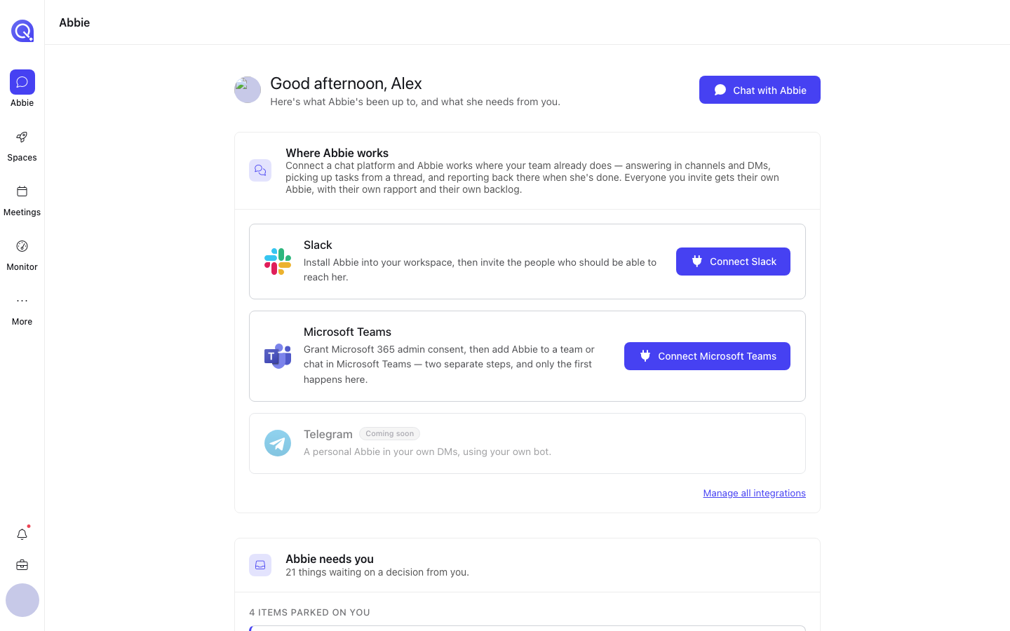 The Abbie home page showing a greeting, a Chat with Abbie button, and cards for Slack, Microsoft Teams and Telegram