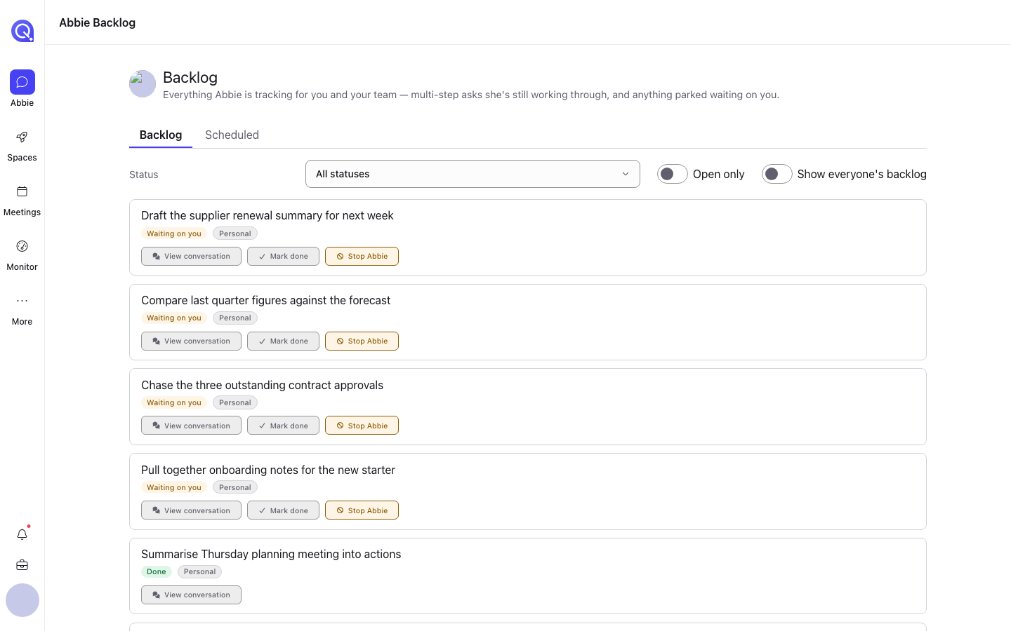 The Abbie Backlog page listing items with Waiting on you and Done status pills, Personal scope pills, and View conversation, Mark done and Stop Abbie actions