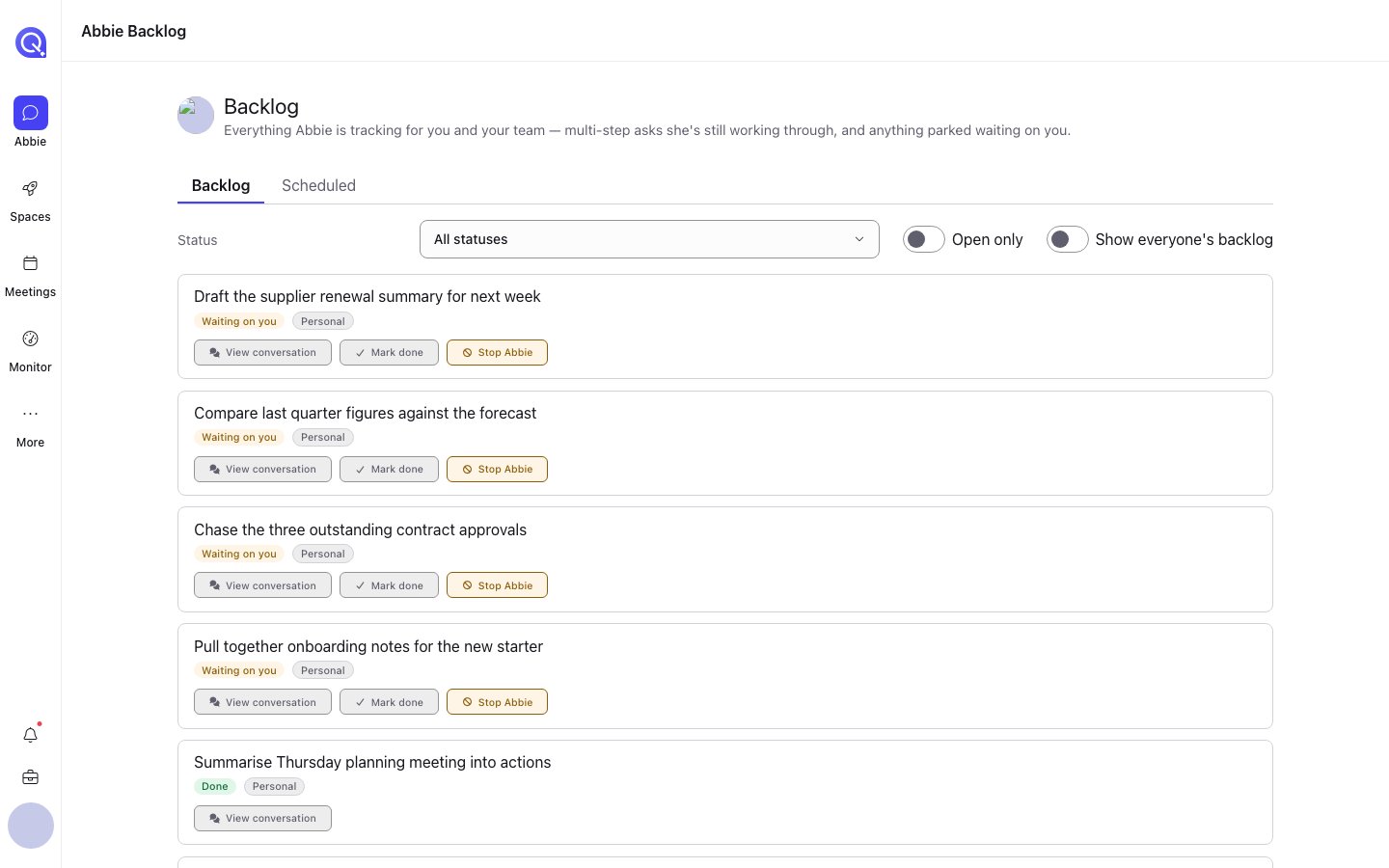 The Abbie Backlog page listing items with Waiting on you and Done status pills, Personal scope pills, and View conversation, Mark done and Stop Abbie actions