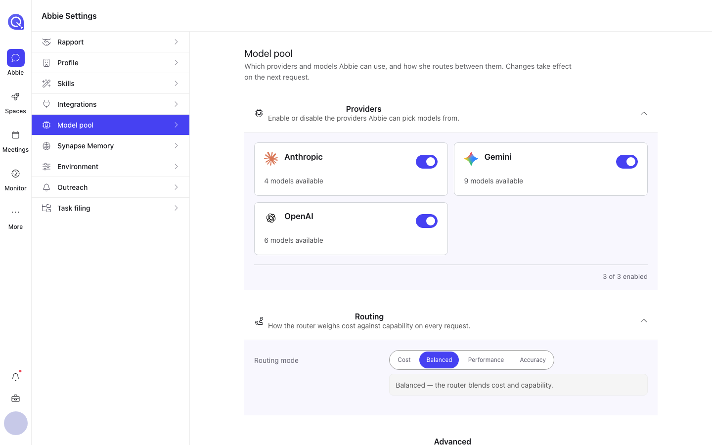 The Model pool settings tab showing Anthropic, Gemini and OpenAI provider toggles and a Cost/Balanced/Performance/Accuracy routing mode selector