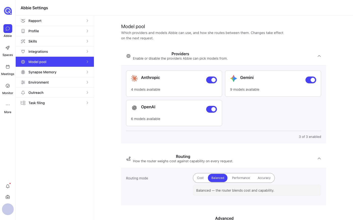 The Model pool settings tab showing Anthropic, Gemini and OpenAI provider toggles and a Cost/Balanced/Performance/Accuracy routing mode selector