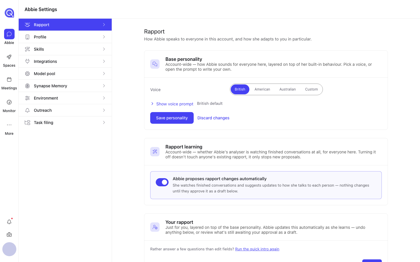 The Rapport settings tab showing a Voice selector, a Rapport learning toggle, and a Your rapport section