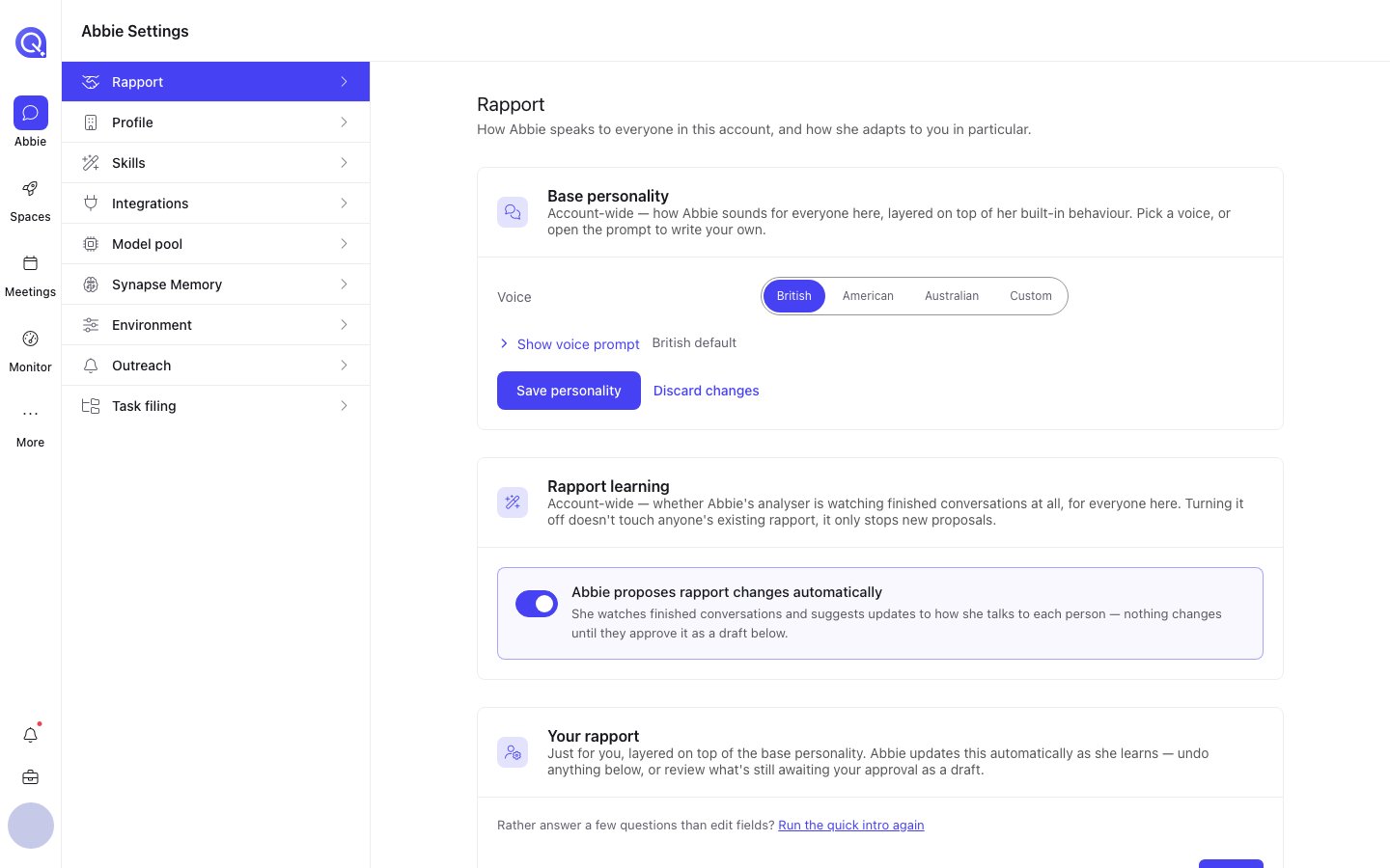 The Rapport settings tab showing a Voice selector, a Rapport learning toggle, and a Your rapport section
