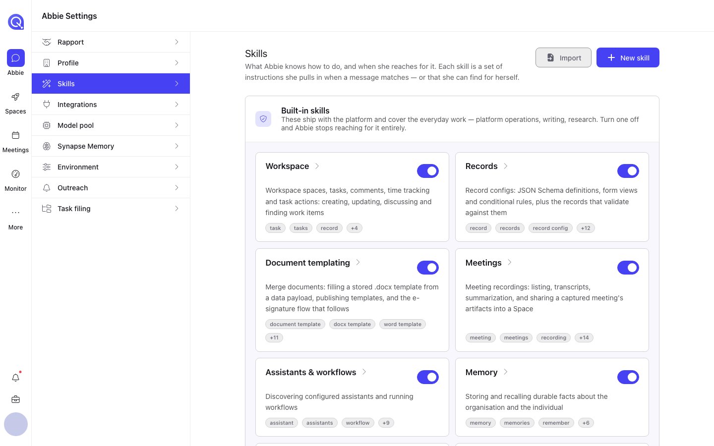 The Skills settings tab listing built-in skills such as Workspace, Records, Document templating, Meetings, Assistants and workflows, and Memory, each with an on/off toggle