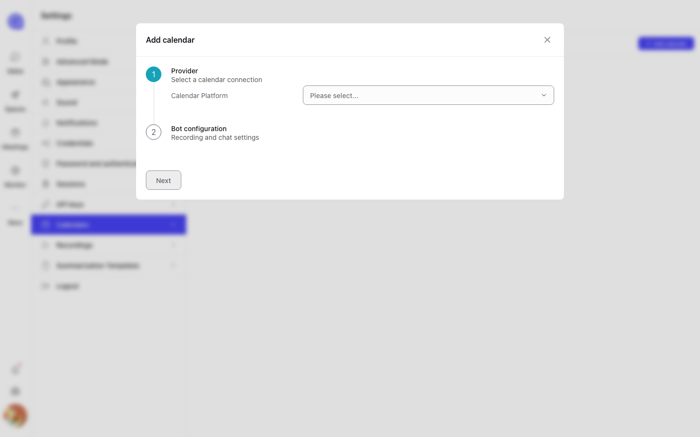 The Add calendar modal showing step 1 Provider with a Calendar Platform dropdown, and step 2 Bot configuration
