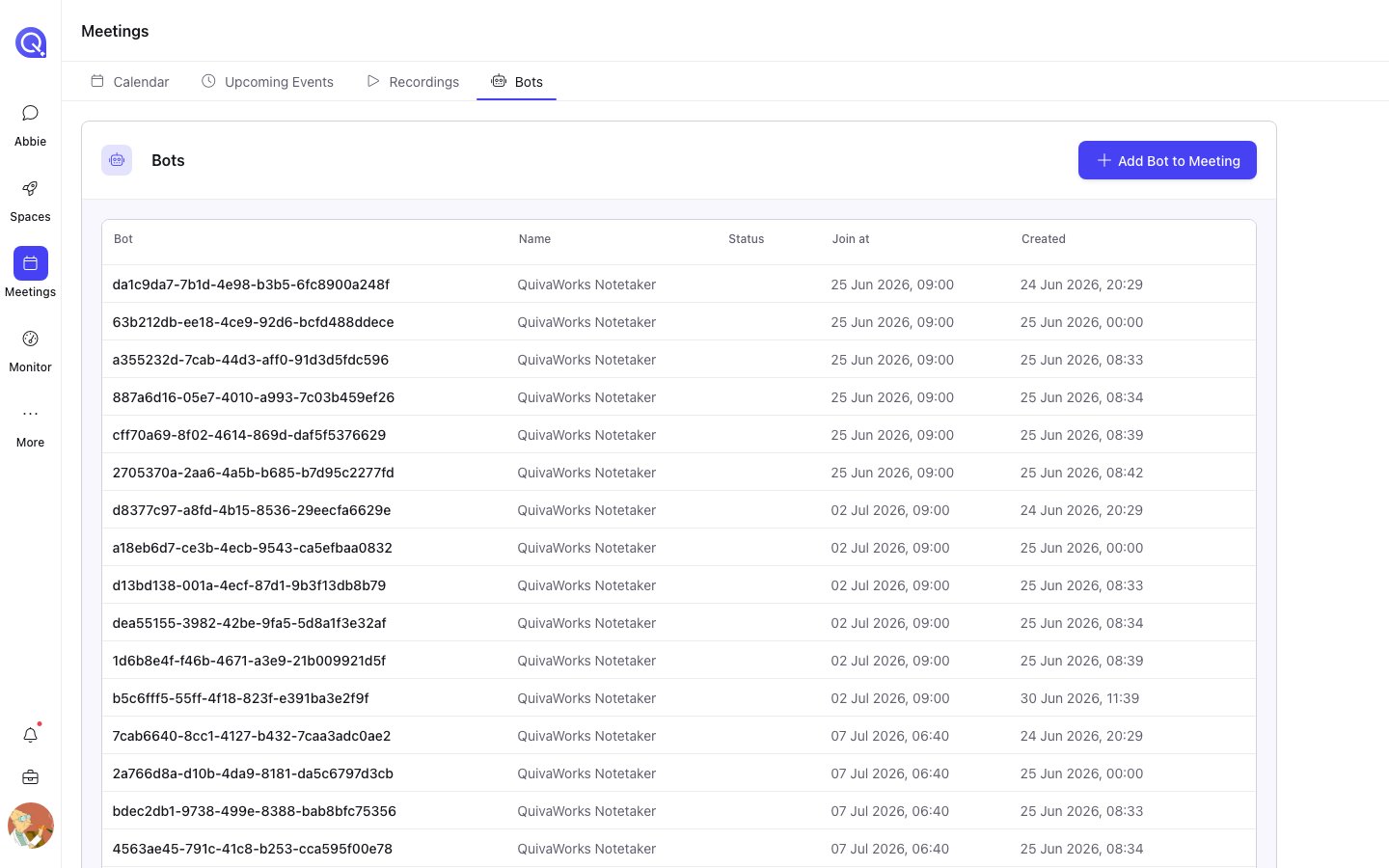 The Bots table with columns for Bot, Name, Status, Join at and Created