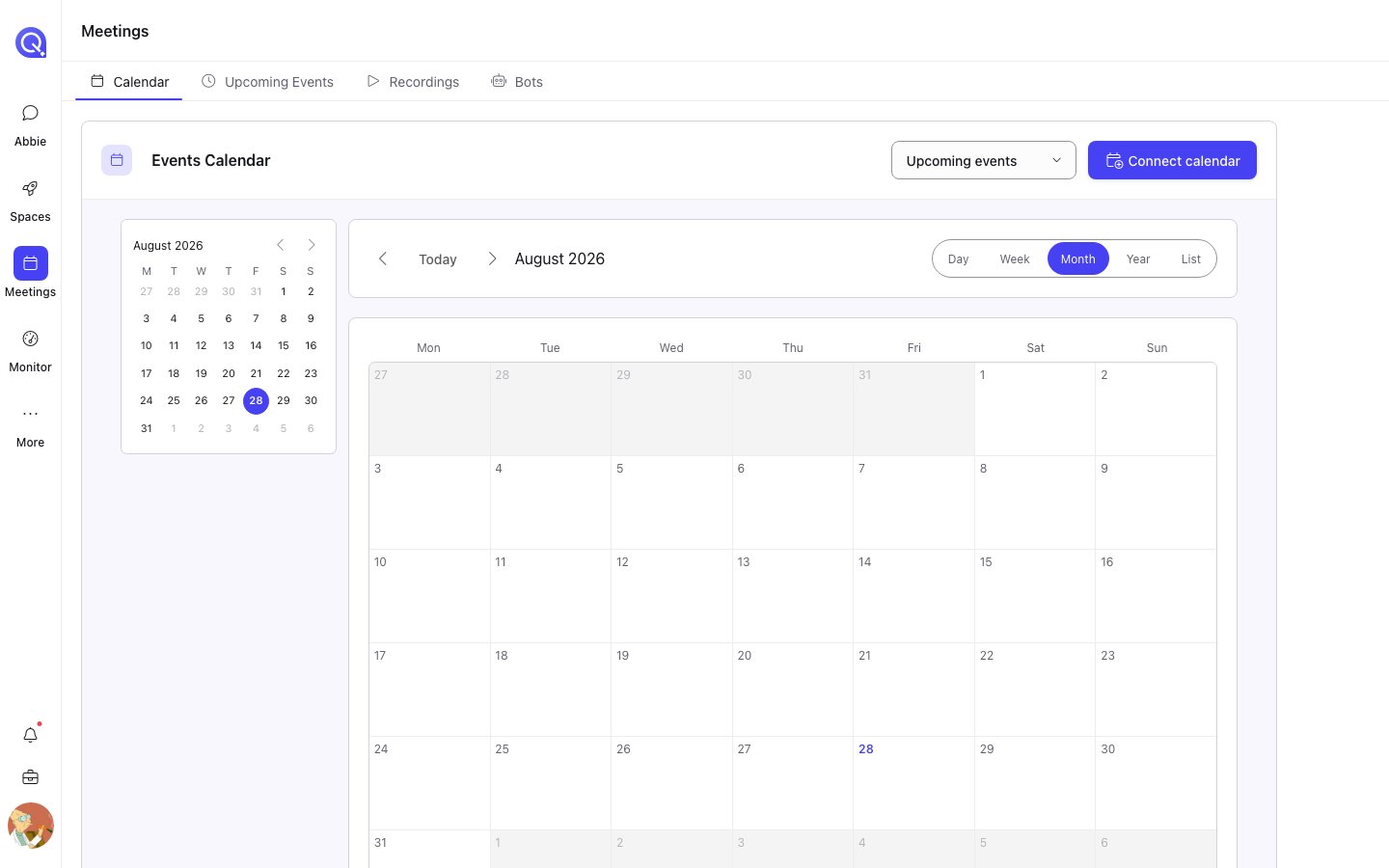 The Meetings page showing Calendar, Upcoming Events, Recordings and Bots tabs above a month calendar