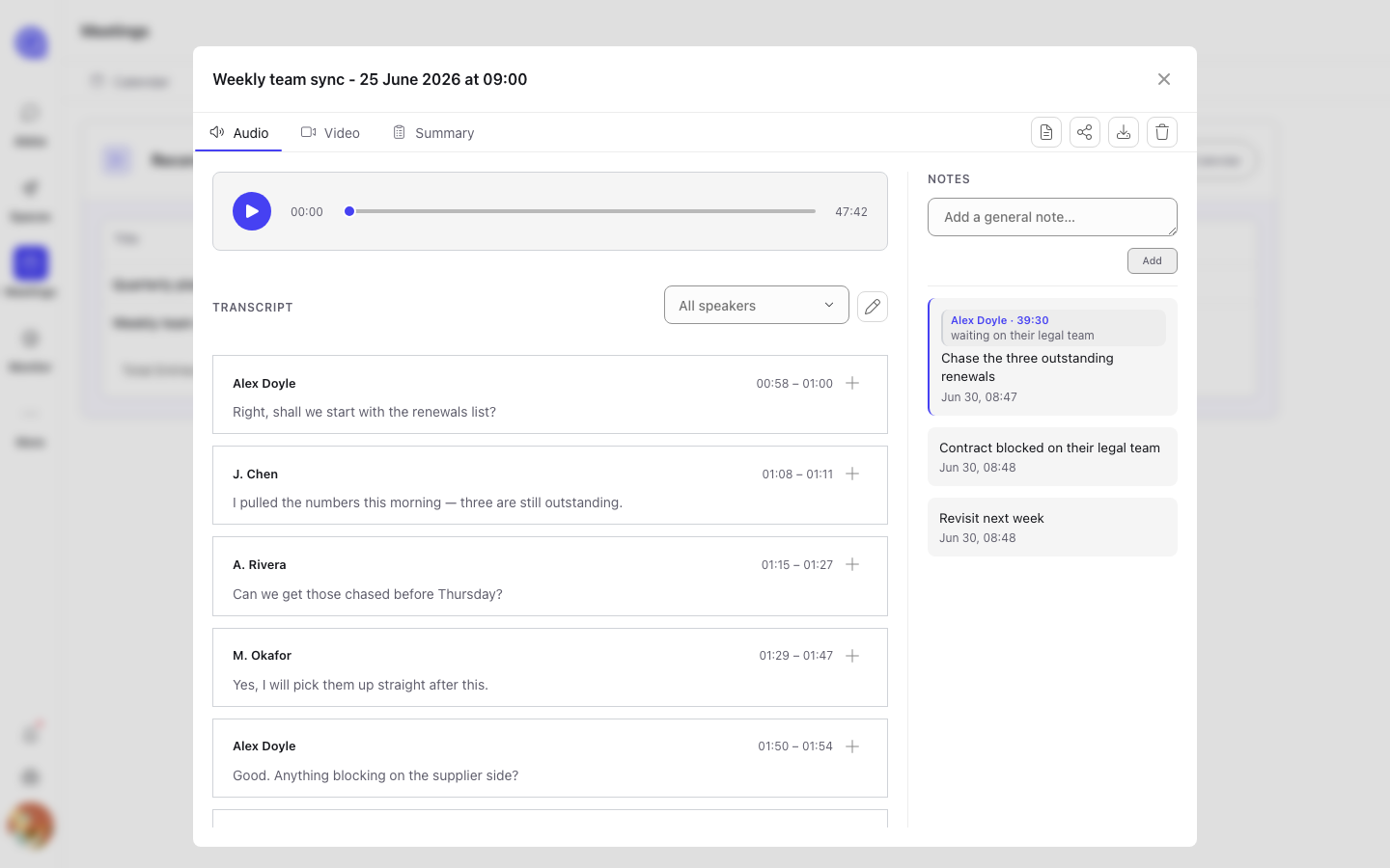 An open recording showing an audio player, a speaker-attributed transcript, and a notes panel with segment-anchored and general notes