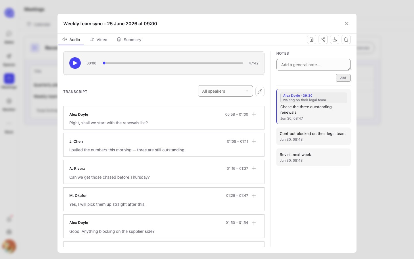 An open recording showing an audio player, a speaker-attributed transcript, and a notes panel with segment-anchored and general notes