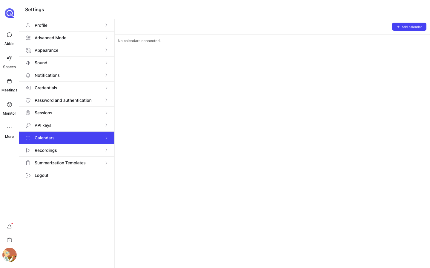 The Calendars section of Settings with an Add calendar button and an empty calendar list