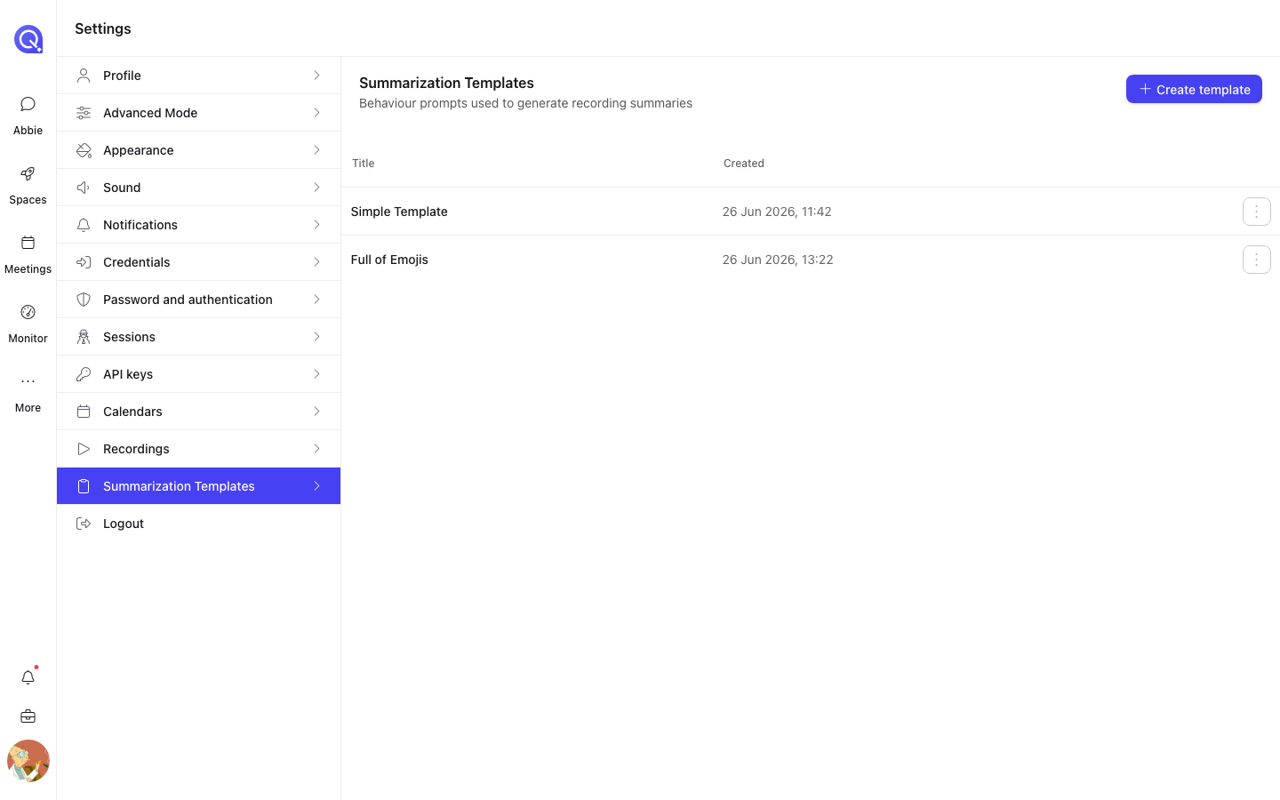 The Summarization Templates list with a Create template button