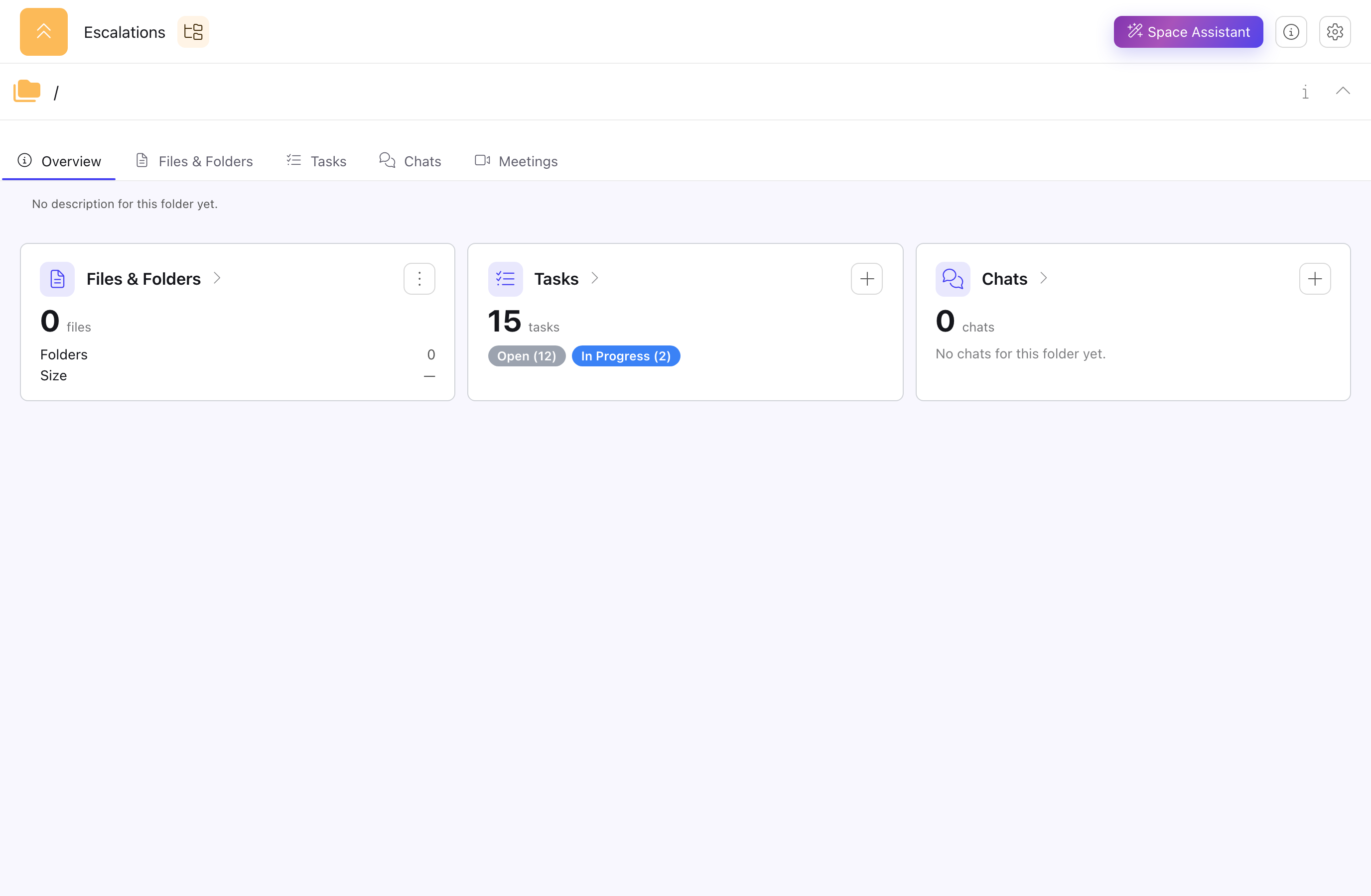 A Space open on the Overview panel, showing Files & Folders, Tasks and Chats cards