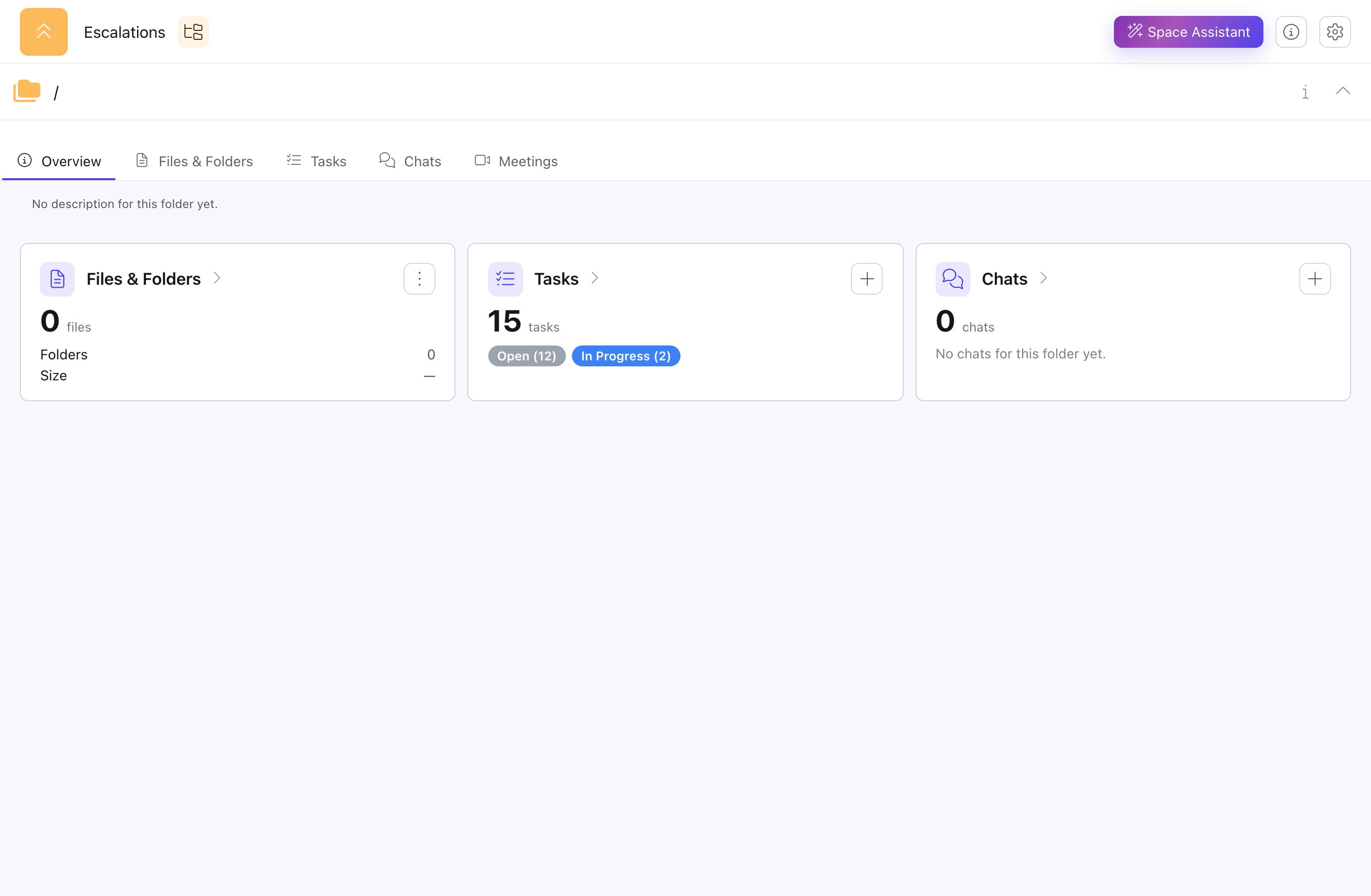 A Space open on the Overview panel, showing Files & Folders, Tasks and Chats cards