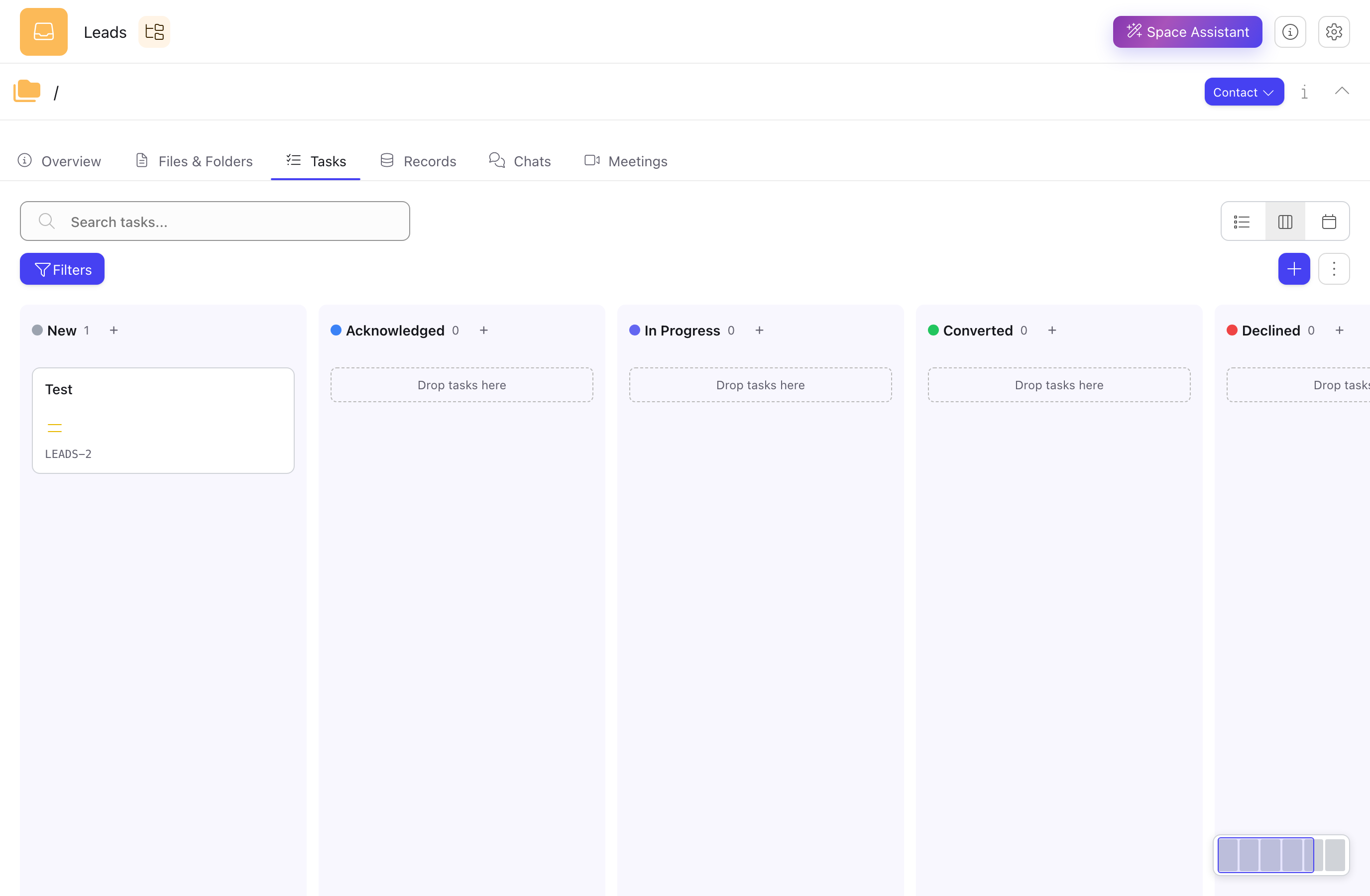 The Leads space showing a task board with New, Acknowledged, In Progress, Converted and Declined columns