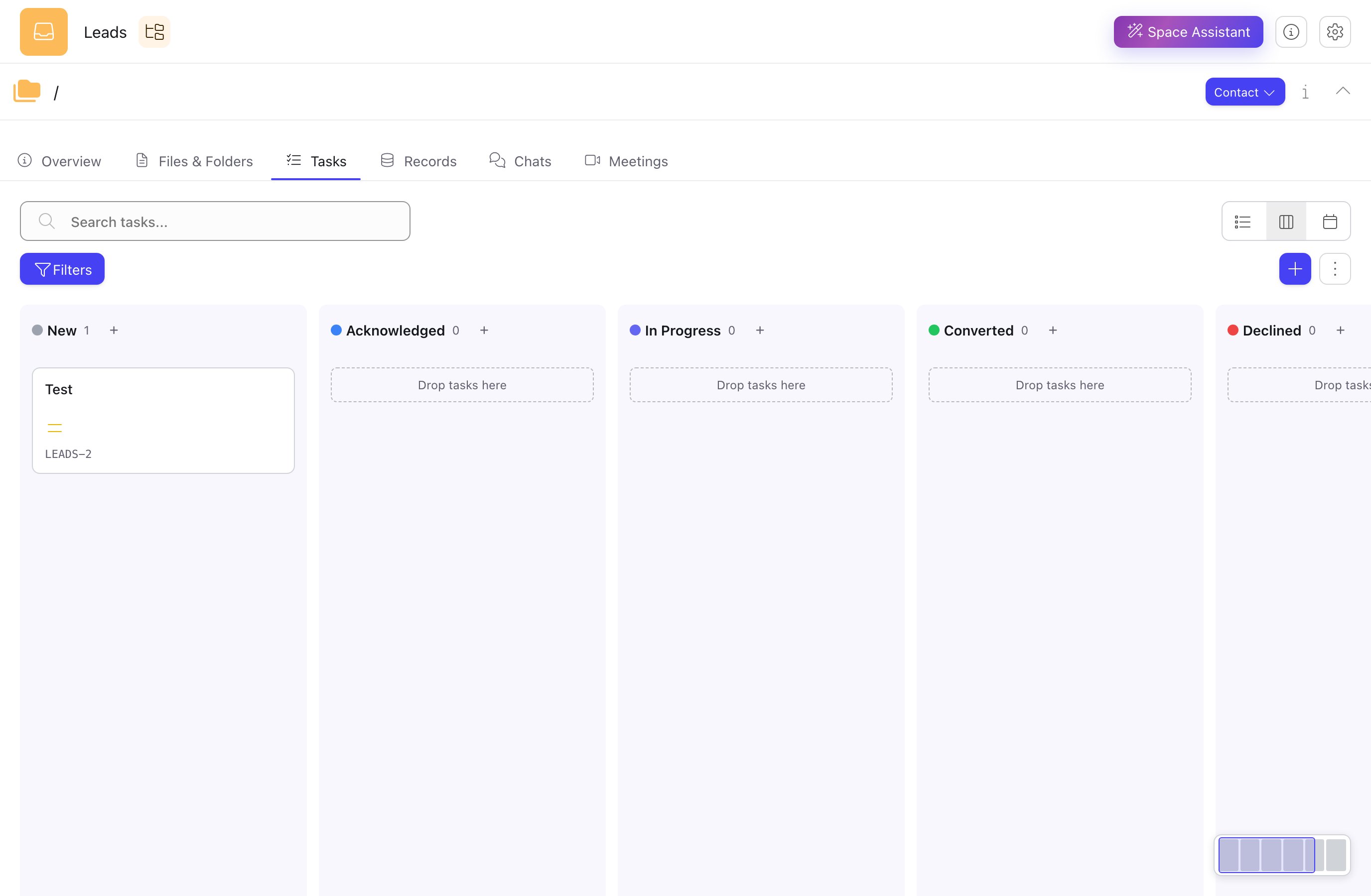 The Leads space showing a task board with New, Acknowledged, In Progress, Converted and Declined columns