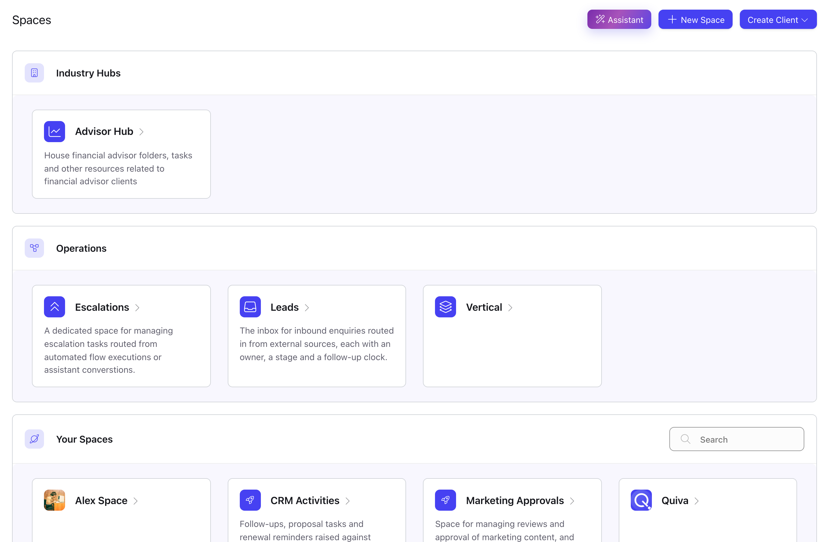 The Spaces list showing Industry Hubs, Operations and Your Spaces groups