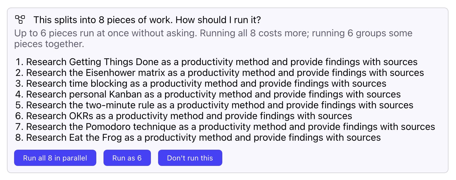 A card reading This splits into 8 pieces of work, listing eight research tasks, with Run all 8 in parallel, Run as 6 and Don't run this buttons
