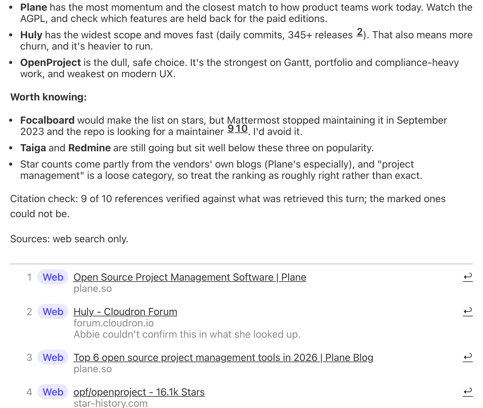 The end of an Abbie reply reading Citation check: 9 of 10 references verified against what was retrieved this turn, the marked ones could not be, then Sources: web search only, and a footnotes list of Web sources showing page titles and hosts, one noted Abbie couldn't confirm this in what she looked up