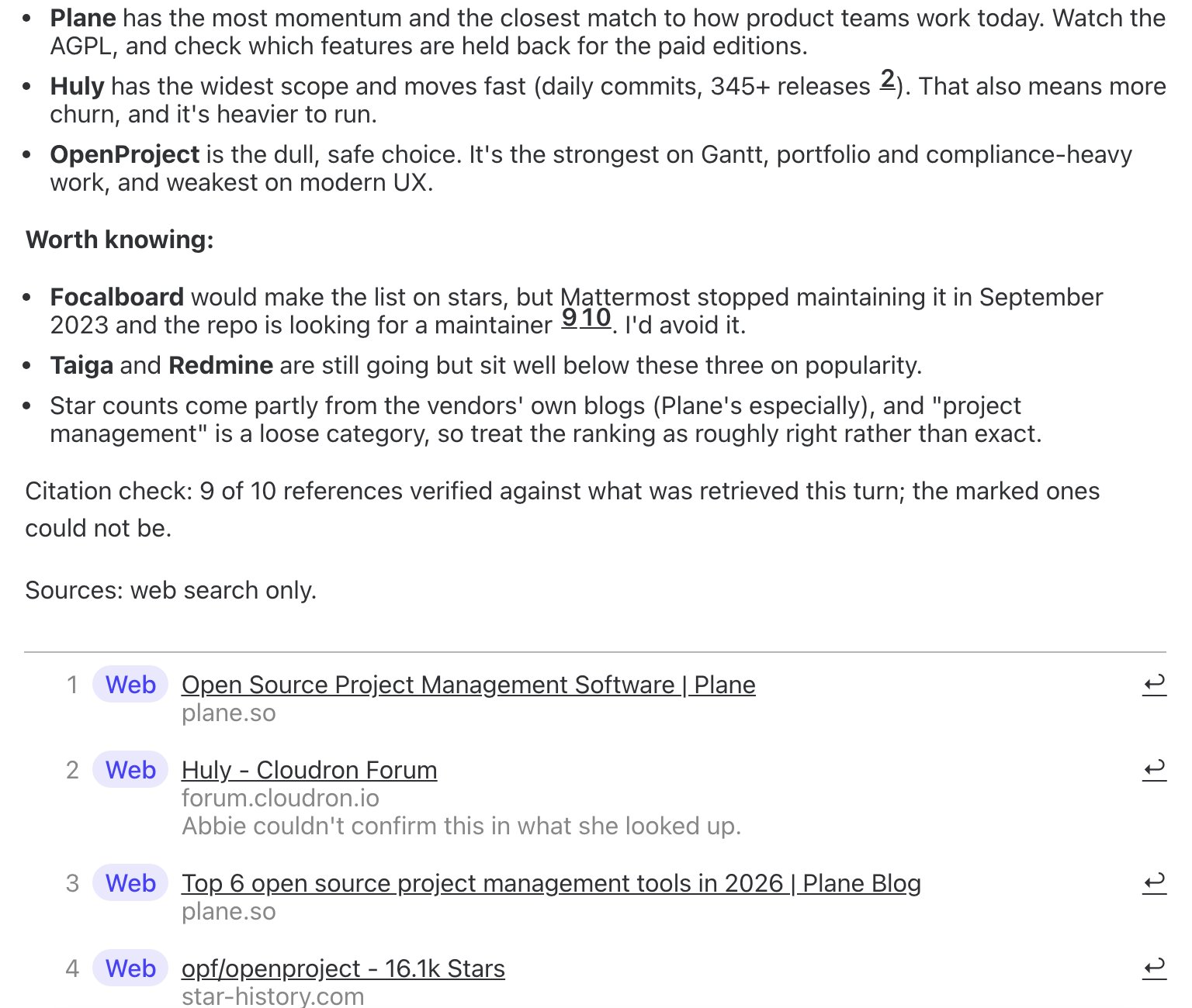 The end of an Abbie reply reading Citation check: 9 of 10 references verified against what was retrieved this turn, the marked ones could not be, then Sources: web search only, and a footnotes list of Web sources showing page titles and hosts, one noted Abbie couldn't confirm this in what she looked up
