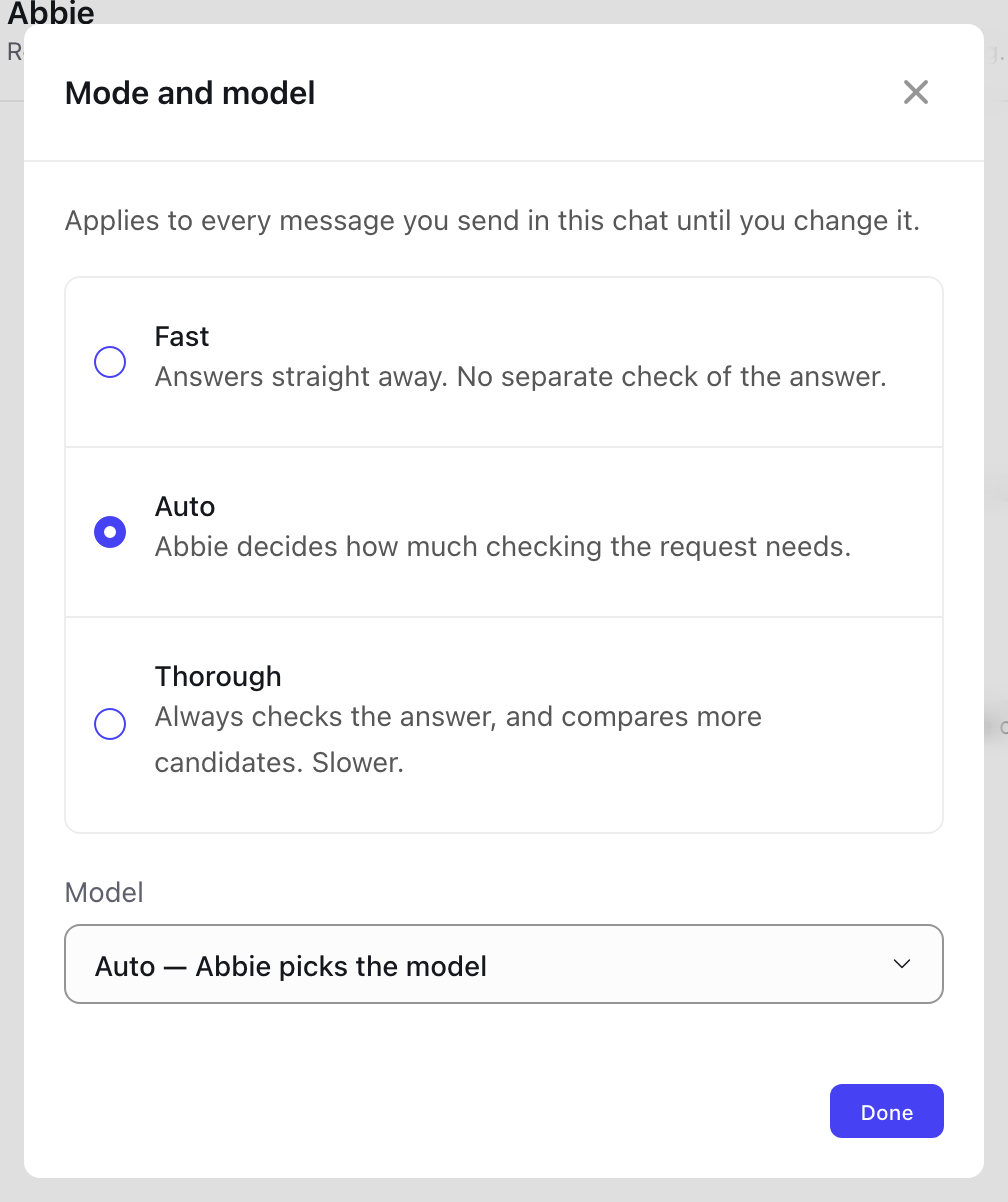 The Mode and model panel with Fast, Auto and Thorough options, Auto selected, and a Model dropdown set to Auto, Abbie picks the model