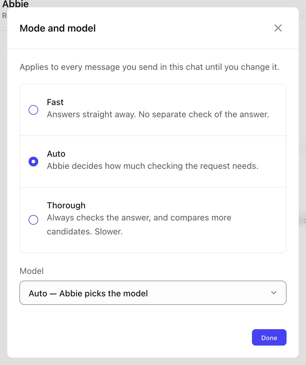 The Mode and model panel with Fast, Auto and Thorough options, Auto selected, and a Model dropdown set to Auto, Abbie picks the model